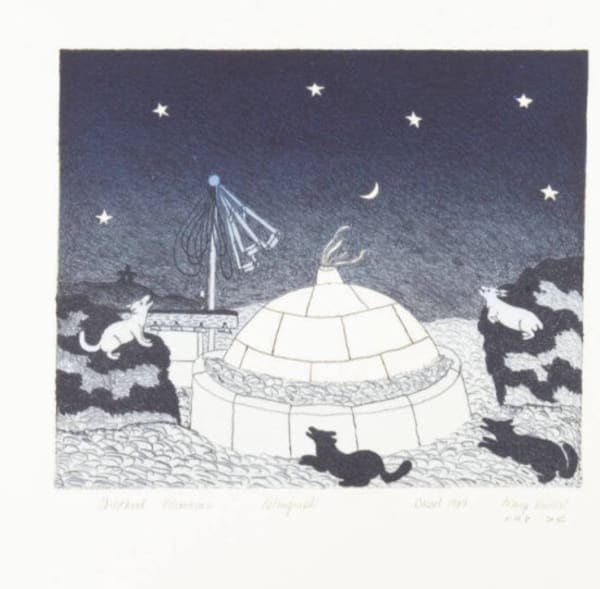 Lot 1 MARY PUDLAT (1923-2001) KINNGAIT (CAPE DORSET) Childhood Memories, 1989 #10 lithograph on grey paper, 18 x 20.25 in (45.7 x 51.4 cm) ESTIMATE: $200 — $400
