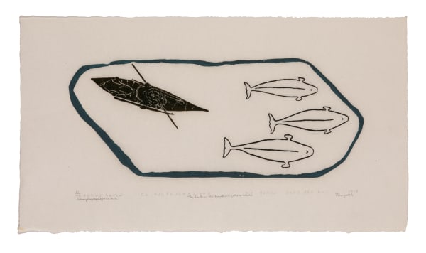 JOHNNY ANGOTIGALUK (1954-) PUVIRNITUQ (POVUNGNITUK) The Hunter in the Kayak will get the Whales, 1978 #39 stonecut, 14.25 x 25.5 in (35.8 x 64.8 cm)