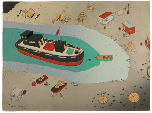 LOT 7 SHUVINAI ASHOONA (1961-) KINNGAIT (CAPE DORSET) Summer Sealift, 2003 #32 lithograph, 22.25 x 30 in (57.1 x 76.2 cm) ESTIMATE: $800 — $1,200 PRICE REALIZED: $720.00