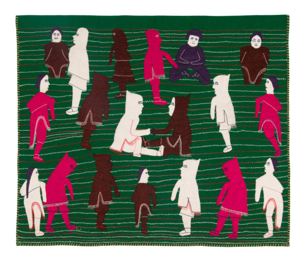 Lot 33 MARION TUU'LUQ, R.C.A. (1910-2002) QAMANI'TUAQ (BAKER LAKE) Untitled Work on Cloth (Community Gathering with Strength Game at Centre), mid-1970s melton cloth, felt, embroidery floss, and cotton thread, 25 x 29.5 in (63.5 x 74.9 cm) ESTIMATE: $15,000 — $25,000