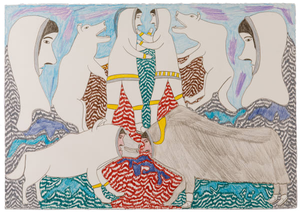 SIMON TOOKOOME (1934-2010) QAMANI’TUAQ (BAKER LAKE) Inuit, Dogs and Shamans Transforming, c. 1996 coloured pencil on heavy, wove paper, 21 x 29.5 in (53.3 x 74.9 cm)