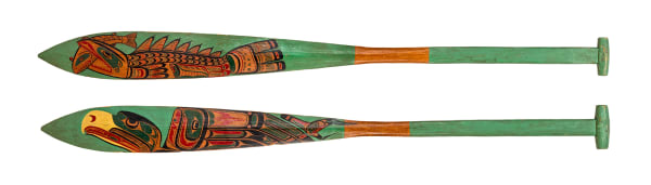 Lot 61 CHARLIE JAMES (YAKUGLAS) (1867-1937 or 1938), KWAKWA̱KA̱ʼWAKW Pair of Painted Canoe Paddles, c. 1920s red cedar and pigment, each 55.5 x 5 x 1.5 in (141 x 12.7 x 3.8 cm) ESTIMATE: $4,000 — $6,000 Price Realized: $8,400