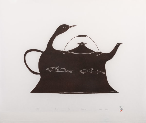 Lot 51 KAKULU SAGGIAKTOK (1940-2020) KINNGAIT (CAPE DORSET) Kettle, 1994 #5 stonecut, 24.5 x 28.5 in (62.2 x 72.4 cm) ESTIMATE: $300 — $500 PRICE REALIZED: $288.00