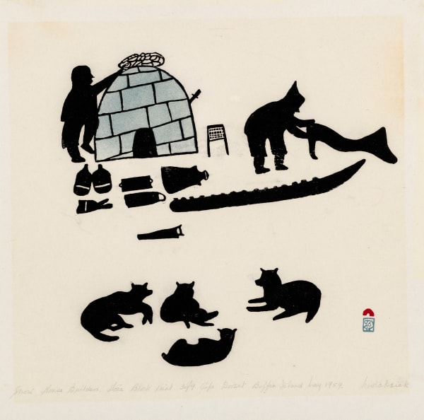 Lot 21 NIVIAQSI (NIVIAKSIAK) (1908-1959) KINNGAIT (CAPE DORSET) Snow House Builders, 1959 #6 stonecut (or linocut?), 12 x 12 in (30.5 x 30.5 cm) ESTIMATE: $4,000 — $6,000 PRICE REALIZED: $3,584.00