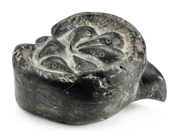 Lot 45 SILAS QIYUK (1933-2013) OR MIRIAM NANURLUQ QIYUK (1933-2016), QAMANI’TUAQ (BAKER LAKE) Mother Bird with Nesting Fledglings , 1974 stone, 3.75 x 8.75 x 6.5 in (9.5 x 22.2 x 16.5 cm) ESTIMATE: $900 — $1,200 Price realized: $1,220.00