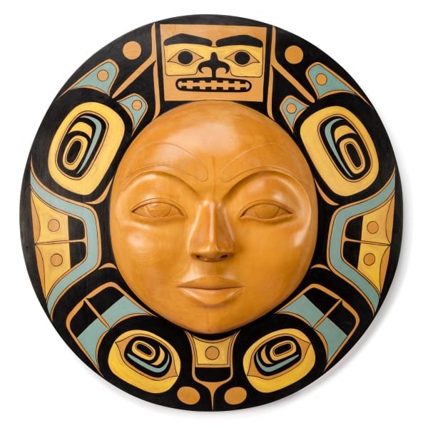 Lot 96 GLEN RABENA (1953-) ADOPTED HAIDA, HORNBY ISLAND Moon Mask, 2001 yellow cedar and acrylic, 20.75 x 20 x 4 in (52.7 x 50.8 x 10.2 cm) ESTIMATE: $4,000 — $6,000 PRICE REALIZED: $4,560.00