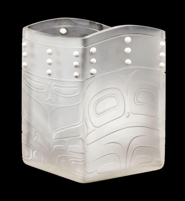 LOT 118 PRESTON SINGLETARY (1963-) TLINGIT and JOE DAVID (1946-) NUU-CHAH-NULTH Glass “Bentwood” Container, 2004 blown and sand carved glass, 9.75 x 7 x 7 in (24.8 x 17.8 x 17.8 cm) ESTIMATE: $6,000 — $9,000 Price realized: 10,200.00