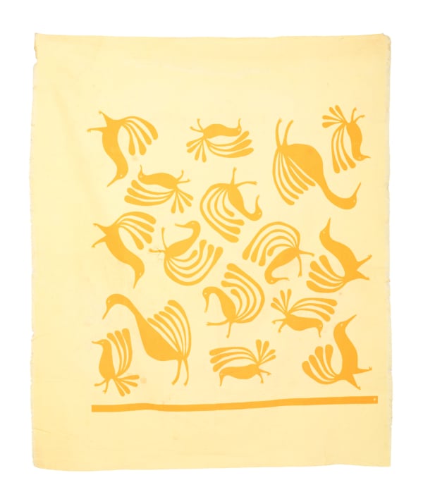 Lot 135 SOROSILUTO ASHOONA (1941-) KINNGAIT (CAPE DORSET) Title Unknown (Many Golden Birds) (Probably a Test), c. mid-late 1960s silkscreen on fabric, 35.6 x 44 in (90.4 x 111.8 cm) ESTIMATE: $350 — $500 PRICE REALIZED: $2,640.00