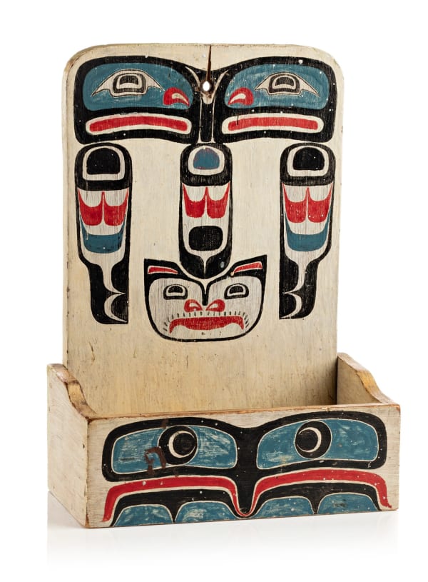 Lot 144 WILLIE SEAWEED (HIAMAS) (c. 1873-1967) KWAKWA̱KA̱ʼWAKW Painted Candle Box, c. 1940s soft wood and acrylic paint, 8.5 x 6 x 3.5 in (21.6 x 15.2 x 8.9 cm) ESTIMATE: $3,000 — $5,000 PRICE REALIZED: $5,040.00