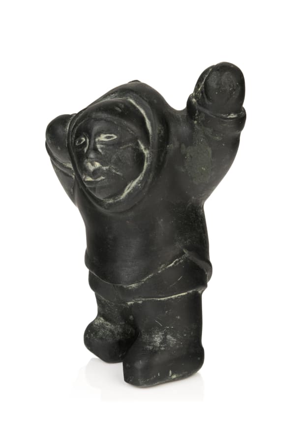 Lot 25 PETER SEVOGA (1940-2007) QAMANI’TUAQ (BAKER LAKE) Signalling Inuk, mid 1970s stone, 4.5 x 3.5 x 2.5 in (11.4 x 8.9 x 6.3 cm) ESTIMATE: $200 — $400 PRICE REALIZED: $158.60