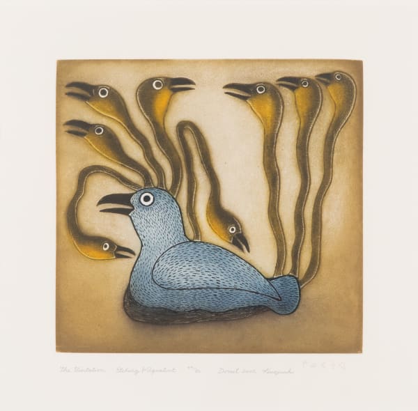 Lot 48 KENOJUAK ASHEVAK, C.C., R.C.A. (1927-2013) KINNGAIT (CAPE DORSET) The Visitation, 2022 #16 etching and aquatint, sheet: 14 x 14.5 in (35.6 x 36.8 cm) ESTIMATE: $500 — $800 PRICE REALIZED: $488.00