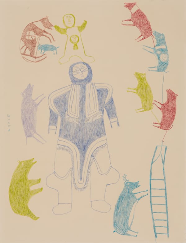 Lot 148 MARTHA ITTULUKA'NAAQ (1912-1981) QAMANI’TUAQ (BAKER LAKE)) Inuuk with Dog Team and Caribou, c. 1972 coloured pencil on heavy wove paper, 26 x 20 in (66 x 50.8 cm) ESTIMATE: $600 — $900 PRICE REALIZED: $900.00