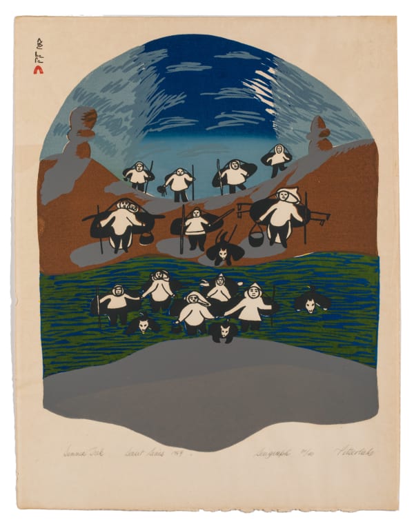 Lot 76 PITSEOLAK ASHOONA, R.C.A., O.C., (1904-1983) KINNGAIT (CAPE DORSET) Summer Trek, c. 1965-6? (1969 [Dorset Series]) silkscreen, 26 x 20 in (66 x 50.8 cm) ESTIMATE: $600 — $900 PRICE REALIZED: $560.00