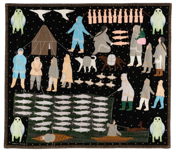 Lot 21 MIRIAM NANURLUQ QIYUK (1933-2016) QAMANI'TUAQ (BAKER LAKE) Summer Fishing Camp, 2001 stroud, felt, embroidery floss, and cotton thread, 49.5 x 57.25 in (125.7 x 145.4 cm) ESTIMATE: $10,000 — $15,000 price realized: $9,760.00