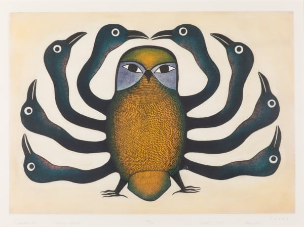 Lot 3 KENOJUAK ASHEVAK, C.C., R.C.A. (1927-2013) KINNGAIT (CAPE DORSET) Guardian Owl, 1997 #13 etching and aquatint, sheet: 23.5 x 31.5 in (59.7 x 80 cm) ESTIMATE: $3,000 — $5,000 PRICE REALIZED: $2,928.00