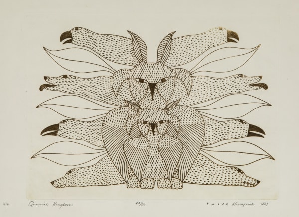 LOT 153 KENOJUAK ASHEVAK, C.C., R.C.A. (1927-2013) KINNGAIT (CAPE DORSET) Animal Kingdom, 1967 #44 engraving, sight 12.5 x 15.75 in (31.8 x 40 cm), framed ESTIMATE: $400 — $600 PRICE REALIZED: $660.00