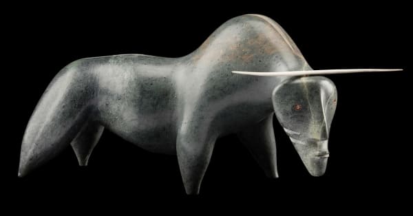 Lot 168 DAVID RUBEN PIQTOUKUN (1950-) PAULATUK / ONTARIO Muskox Shaman, 2000 stone and antler, 6.5 x 13 x 6 in (16.5 x 33 x 15.2 cm) ESTIMATE: $2,000 — $3,000 PRICE REALIZED: $4,560.00