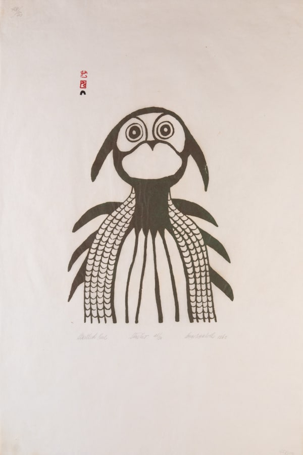 Lot 26 ANGOTIGALUK TEEVEE (1910-1967) KINNGAIT (CAPE DORSET) Startled Owl, 1960 (Dorset Series) stonecut, 29.75 x 20 in (75.6 x 50.8 cm) ESTIMATE: $1,000 — $1,500 PRICE REALIZED: $1,464.00