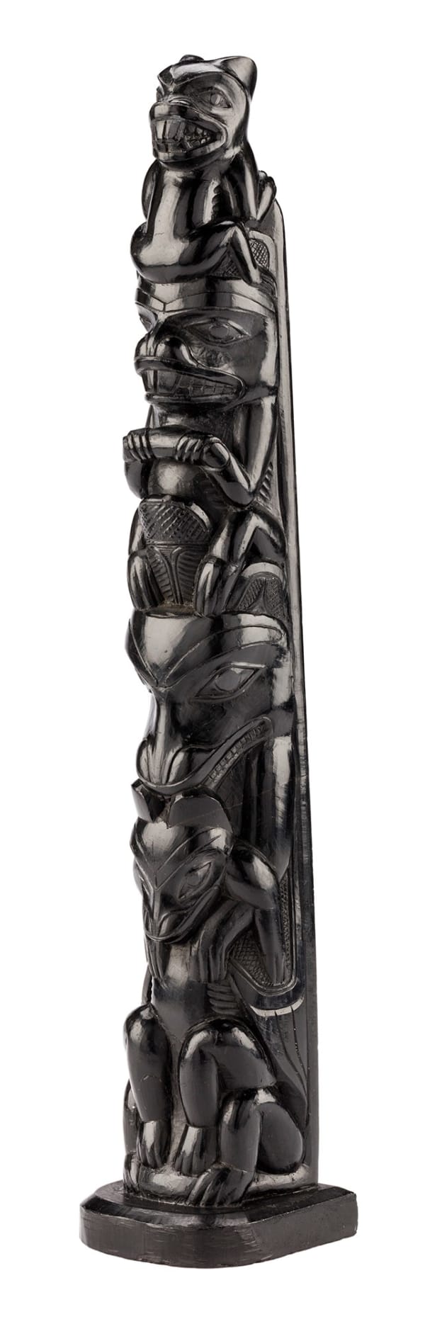 Lot 21 CHARLES EDENSHAW (DAAX’IGANG or TAHAYGEN) (1839-1920), MASSET, HAIDA GWAII Model Totem Pole, c. 1900-10 argillite, 10.25 x 2.5 x 2 in (26 x 6.3 x 5.1 cm) ESTIMATE: $60,000 — $90,000 PRICE REALIZED: $50,000.00