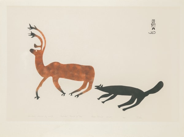 Lot 46 PUDLO PUDLAT (1916-1992) KINNGAIT (CAPE DORSET) Caribou Chased by Wolf, 1961 #18 sealskin stencil, 19 x 22.75 (48.3 x 57.8 cm) ESTIMATE: $800 — $1,200 PRICE REALIZED: $600.00