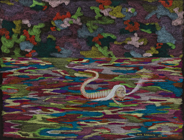 Lot 60 NICK SIKKUARK (1943-2013) UQSUQTUUQ (GJOA HAVEN) I Turn Myself into a Worm, 2003 coloured pencil on black paper, 11.75 x 15.75 in (29.8 x 40 cm) ESTIMATE: $1,500 — $2,500 PRICE REALIZED: $3,840.00 A world record for a drawing by the artist at auction