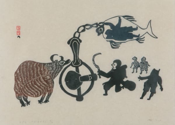 Lot 40 PUDLO PUDLAT (1916-1992) KINNGAIT (CAPE DORSET) Musk ox Trappers, 1963 #36 stonecut, 17.25 x 23.5 in (43.8 x 59.7 cm) ESTIMATE: $600 — $900 PRICE REALIZED: $360.00