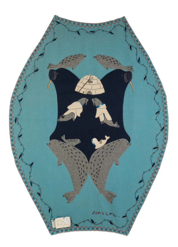 Lot 171 VERONICA KADJUAK MANILAK (1935-) KANGIQLINIQ (RANKIN INLET) Untitled (Seals, Igloo, Walrus in Amatiit, Seals with Pup and Spirit, and Two Walrus), late 1980s / early 1990s duffle, felt, embroidery floss, yarn, and cotton thread, 43 x 31.5 in (109.2 x 80 cm) ESTIMATE: $500 — $800 PRICE REALIZED: $408.00