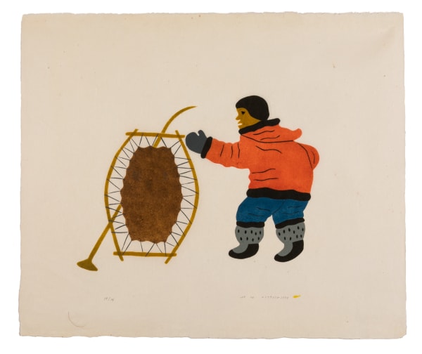 NOAH MEEKO (1982-2004) KUUJJUARAPIK (GREAT WHALE RIVER) Stretching the Sealskin, 1973 II #4 stencil, 25 x 29.5 in (63.5 x 74.9 cm)