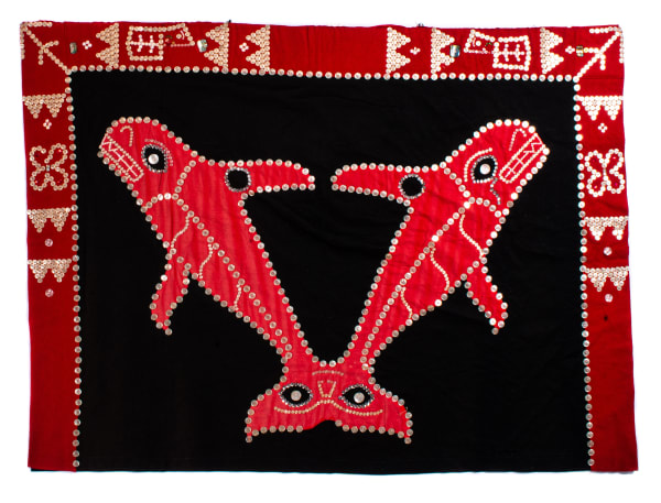 Lot 41 UNIDENTIFIED ARTIST, KWAKWA̱KA̱ʼWAKW Button Blanket with Split (Double) Whale Motif black and red cloth, sequins, white plastic and abalone button appliqué, 48 x 65.5 in (121.9 x 166.4 cm) ESTIMATE: $1,000 — $1,500 Price realized: $840
