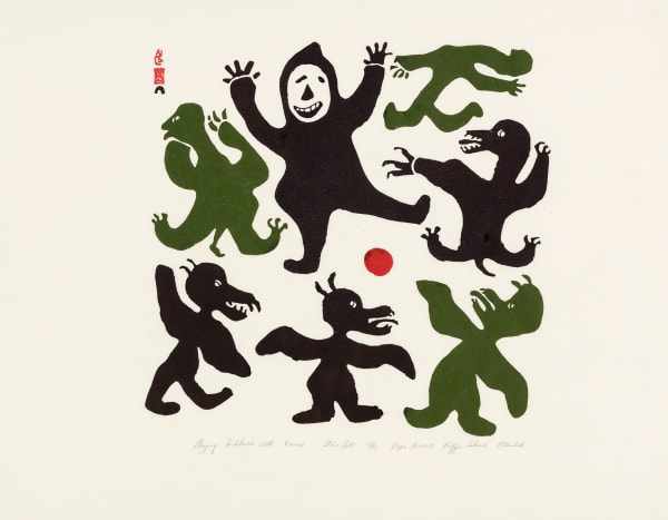 Lot 22 PITSEOLAK ASHOONA, R.C.A., O.C., (1904-1983) KINNGAIT (CAPE DORSET) Playing Kickball with Demons, 1960 #49 stonecut, 18.5 x 23.75 in (47 x 60.3 cm) ESTIMATE: $3,000 — $5,000 PRICE REALIZED: $4,080.00