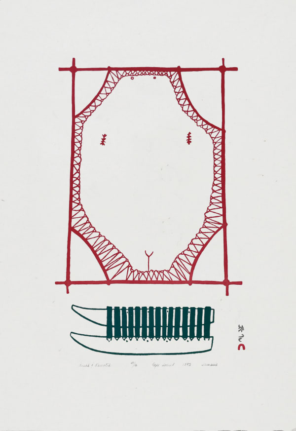 Lot 30 JAMASIE TEEVEE (1910-1985) KINNGAIT (CAPE DORSET) Eneak & Kamotik, 1973 #38 stonecut, 24.5 x 17 in (62.2 x 43.2 cm) PRICE REALIZED: $270.60