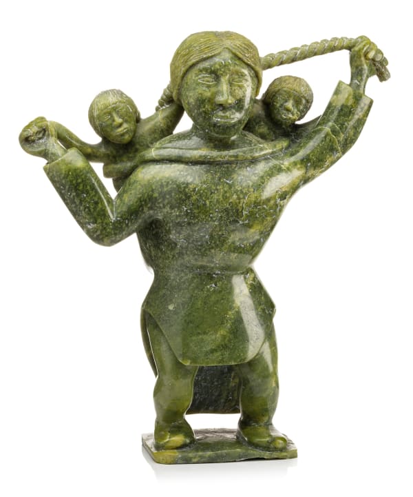 LOT 70 PITSEOLAK NIVIAQSI R.C.A. (1947-2015) KINNGAIT (CAPE DORSET) Mother Playing with Two Children, c. 2000 stone, 19 x 17.5 x 7.25 in (48.3 x 44.5 x 18.4 cm) ESTIMATE: $10,000 — $15,000 PRICE REALIZED: $9,500.00