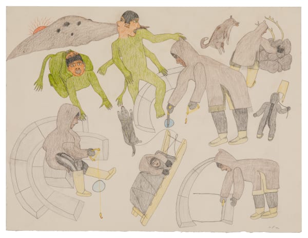 NANCY PUKINGRNAK AUPALUKTUQ (1940-) QAMANI'TUAQ (BAKER LAKE) Monstrous Creatures Terrorize the Fish Weir, c. 1976 coloured pencil on heavy wove paper, 20 x 26 in (50.8 x 66 cm)