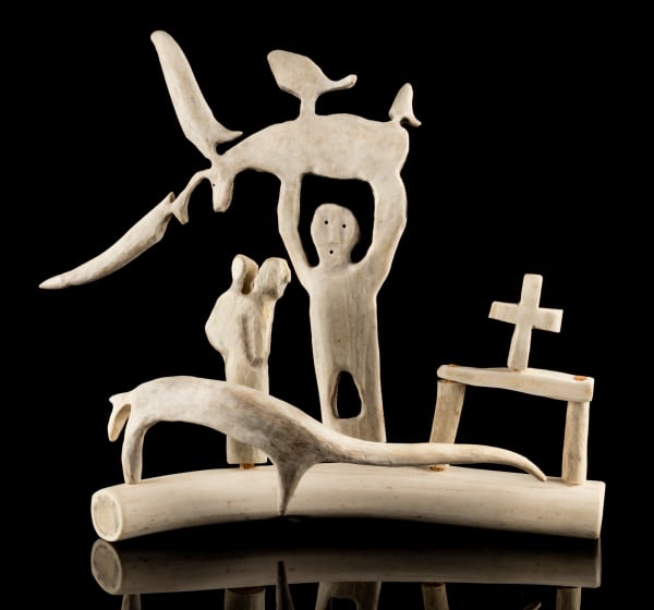 Lot 19 LUKE ANOWTALIK (1932-2006) ARVIAT (ESKIMO POINT) Humans, Animals, and Altar, c. late 1990s antler, 10.5 x 12.5 x 7 in (26.7 x 31.8 x 17.8 cm) ESTIMATE: $1,800 — $2,800 PRICE REALIZED: $1,464.00