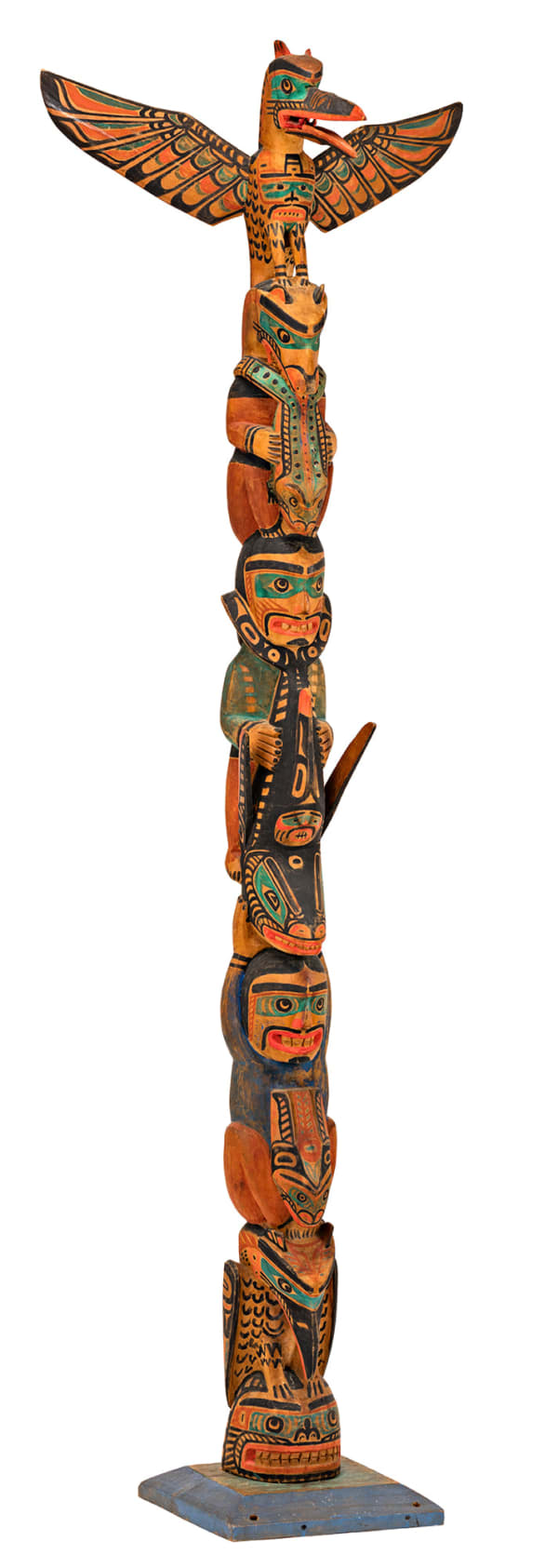 Lot 56 CHARLIE JAMES (YAKUGLAS) (1867-1937 or 1938) KWAKWA̱KA̱ʼWAKW Monumental Model Totem Pole, c. 1920 yellow cedar, red, black, and green pigments, 62.75 x 19.5 x 13.5 in (159.4 x 49.5 x 34.3 cm) ESTIMATE: $40,000 — $60,000 Price Realized: $38,500