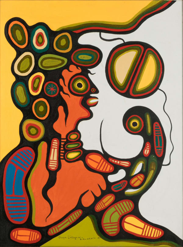 Lot 156 GOYCE KAKEGAMIC (1948-2021) ANISHINAABE (CREE) Man Receiving a Blessing from a Spirit, 1980 acrylic on canvas, 24 x 18 in (61 x 45.7 cm) ESTIMATE: $600 — $900 PRICE REALIZED: $960.00