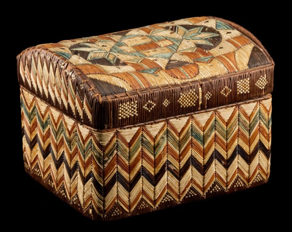Lot 65 UNIDENTIFIED MI'KMAQ ARTIST Quilled Lidded Box, c. 1850-1880 quills, pre-aniline dyes, cotton thread, pine wood, and birchbark, 6.5 x 7.25 x 9 in (16.5 x 18.4 x 22.9 cm) ESTIMATE: $3,500 — $5,000 PRICE REALIZED: $4,080.00