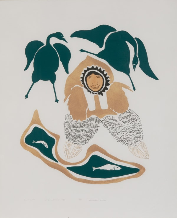 Lot 32 AGNES NANOGAK GOOSE (1925-2001) ULUKHAKTOK (HOLMAN ISLAND) Woman Watching Fish, 1980 (1980/1 #21) lithograph and stencil, 26 x 21 in (66 x 53.3 cm) ESTIMATE: $100 — $200