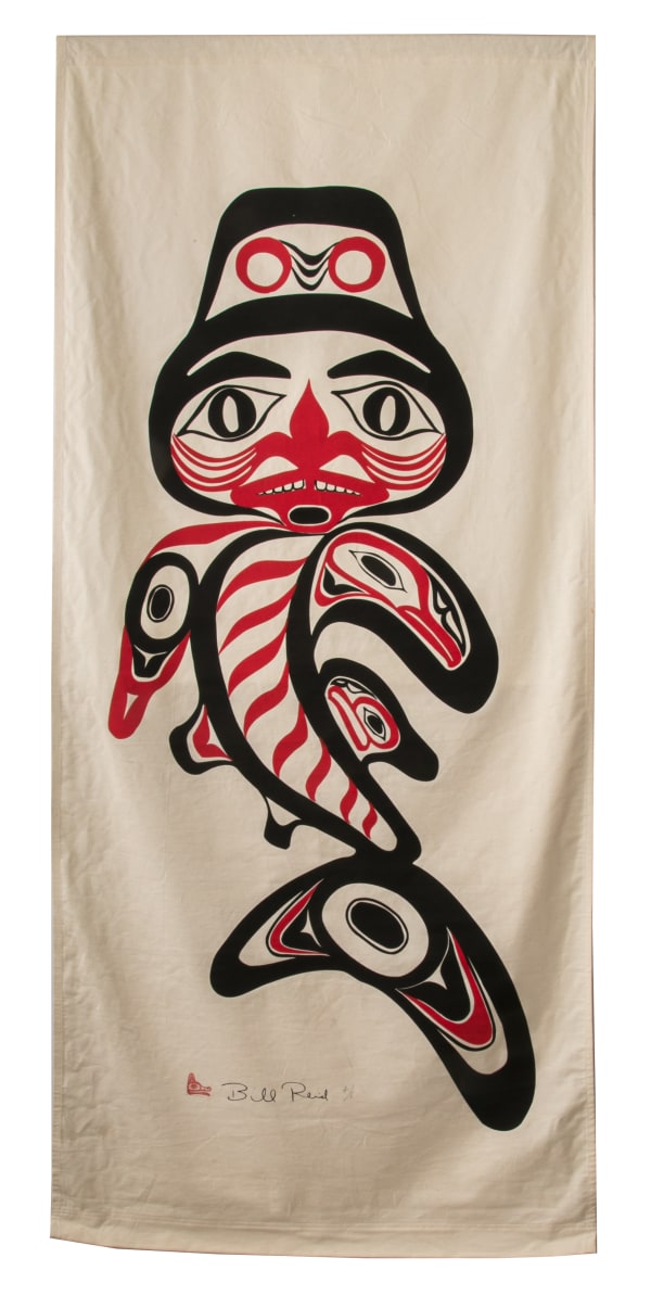 Lot 100 BILL REID, O.B.C., R.C.A. (1920-1998) HAIDA Dogfish Woman Banner, 1991 silkscreen on wove cotton fabric, 34.5 x 76 in (87.6 x 193 cm) ESTIMATE: $1,200 — $1,800 PRICE REALIZED: $2,400.00