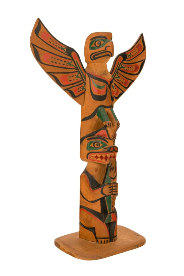 Lot 8 GEORGE (SIWIS) NELSON (1884-1969), KWAKWA̱KA̱ʼWAKW, QUATSINO, BC Model Totem Pole, c. 1930s?????? cedar wood and paint, 10.75 x 7.25 x 3 in (27.3 x 18.4 x 7.6 cm) ESTIMATE: $800 — $1,200