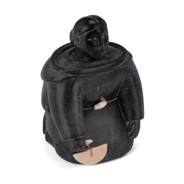 Lot 83 POSSIBLY AISA QUPIRUALU ALASUA (1916-2003) PUVIRNITUQ (POVUNGNITUK) Kneeling Woman with Ulu, early-mid 1960s stone, sinew, antler, and string, 4.5 x 3 x 3.25 in (11.4 x 7.6 x 8.3 cm) ESTIMATE: $1,200 — $1,800