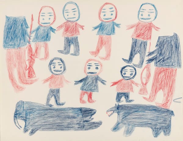 Lot 85 PARR (1893-1969) KINNGAIT (CAPE DORSET) Hunters with Rifles and Dogs Approach a Walrus, c. 1965-7 coloured pencil on wove paper, 20 x 25.75 in (50.8 x 65.4 cm) ESTIMATE: $3,000 — $5,000 PRICE REALIZED: $2,928.00