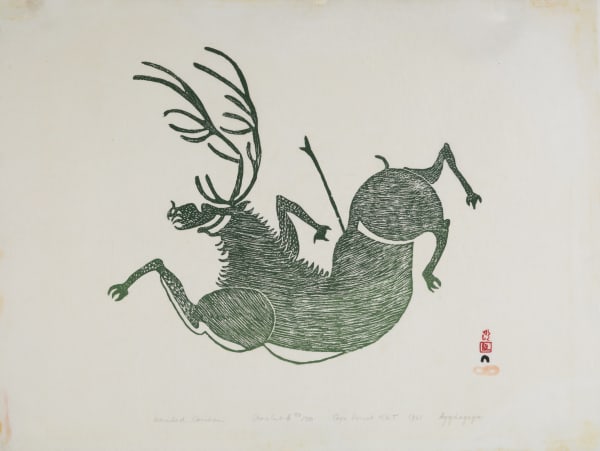 Lot 108 AQJANGAJUK SHAA, R.C.A. (1937-2019) KINNGAIT (CAPE DORSET) Wounded Caribou, 1961, #57 stonecut, 18 x 24 in (45.7 x 61 cm) ESTIMATE: $3,000 — $5,000 PRICE REALIZED: $5,280.00