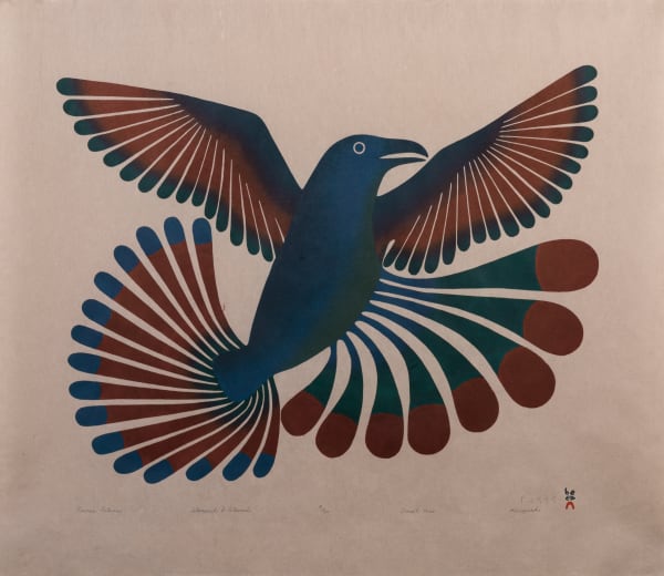 Lot 103 KENOJUAK ASHEVAK, C.C., R.C.A. (1927-2013) KINNGAIT (CAPE DORSET) Ravens Return, 2000 #9 stonecut and stencil on beige paper, 25 x 28.75 in (63.5 x 73 cm) ESTIMATE: $1,200 — $1,800 PRICE REALIZED: $2,040.00