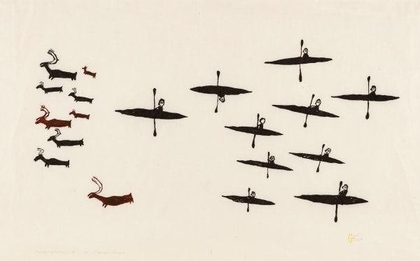 Lot 126 LUKE ANGUHADLUQ (1895-1982) QAMANI’TUAQ (BAKER LAKE) Kayaks and Caribou, 1971 (1972 #10) stonecut, 23.25 x 30.5 in (59.1 x 77.5 cm) ESTIMATE: $2,500 — $3,500 PRICE REALIZED: $5,040.00 A world record price for this print at auction.