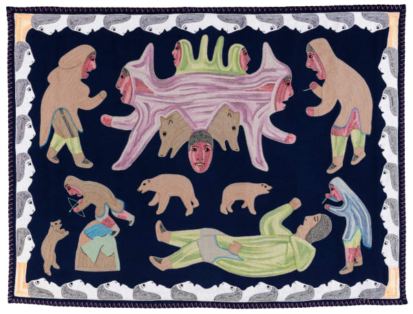 LOT 62 VICTORIA MAMNGUQSUALUK (1930-2016) QAMANI'TUAQ (BAKER LAKE) Scenes from the Legend of Kiviuq, 2001 stroud, felt, embroidery floss, and cotton thread, 41.5 x 55.5 in (105.4 x 141 cm) ESTIMATE: $8,000 — $12,000 PRICE REALIZED: $21,600.00 A world record for the artist at auction.
