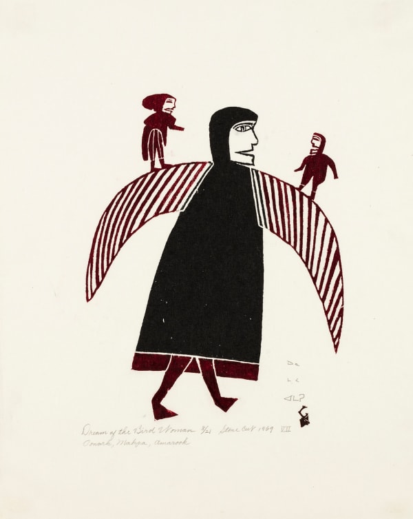 Lot 12 JESSIE OONARK, O.C., R.C.A (1906-1985) QAMANI'TUAQ (BAKER LAKE) Dream of the Bird Woman,1969 (1970 #17) stonecut, 21 x 16.25 in (53.6 x 41.3 cm), framed ESTIMATE: $2,500 — $3,500 PRICE REALIZED: $2,880.00 A world record for the print at auction