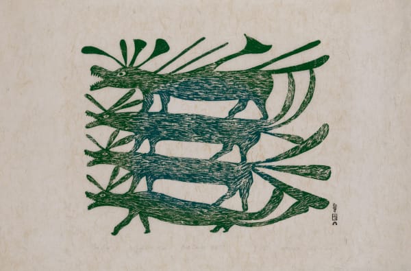 Lot 14 JOHNNIEBO ASHEVAK (1923-1972) KINNGAIT (CAPE DORSET) Sea Dogs, 1963 #57 stonecut, 24.25 x 36.5 in (61.6 x 92.7 cm) ESTIMATE: $800 — $1,200 PRICE REALIZED: $1,140.00