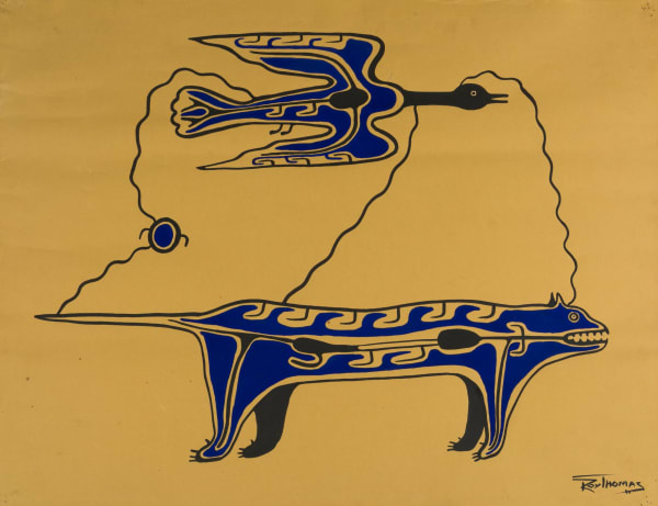 Lot 83 ROY THOMAS (1949-2004) ANISHINAABE (OJIBWE) Untitled (Bird and Fox), early 1970s acrylic on paper, 20 x 26 in (50.8 x 66 cm) ESTIMATE: $300 — $500 PRICE REALIZED: $528.00