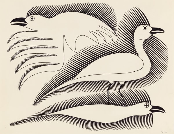 Lot 60 KENOJUAK ASHEVAK, C.C., R.C.A. (1927-2013) KINNGAIT (CAPE DORSET) Bird with Bird Spirits, c. 2004 ink over graphite on paper, 20 x 26 in (50.8 x 66 cm) ESTIMATE: $3,000 — $5,000 price realized: $2,928.00